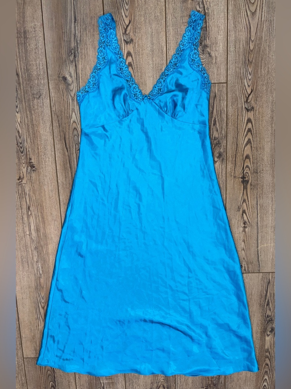 Jones New York Blue Satin Lace Chemise Nightgown Slip Dress M Medium